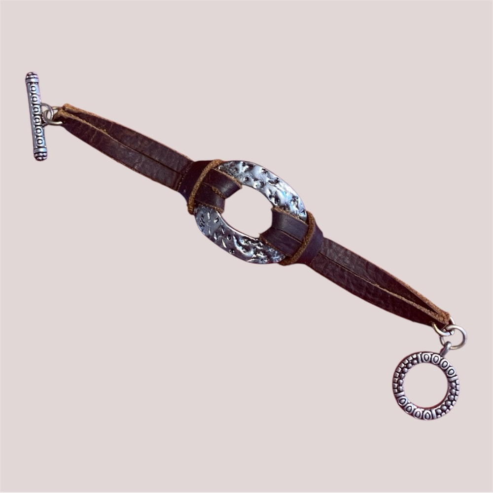 Leather Silver Hammered Bracelet